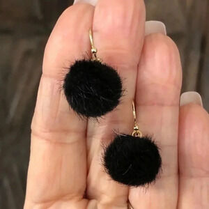 Black Fuzzy Furry Pom Pom Drop Earrings NWT